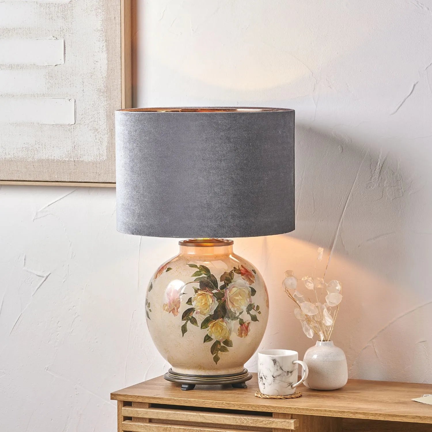 Jenny Worrall Apricot Peach & Yellow Rose & Foliage Cream Stone & Gold Glass Table Lamp Base with Bulbous Shape & Antique Brass Feet – Handcrafted Luxury Floral Lighting 42x28x28cm | Click Style