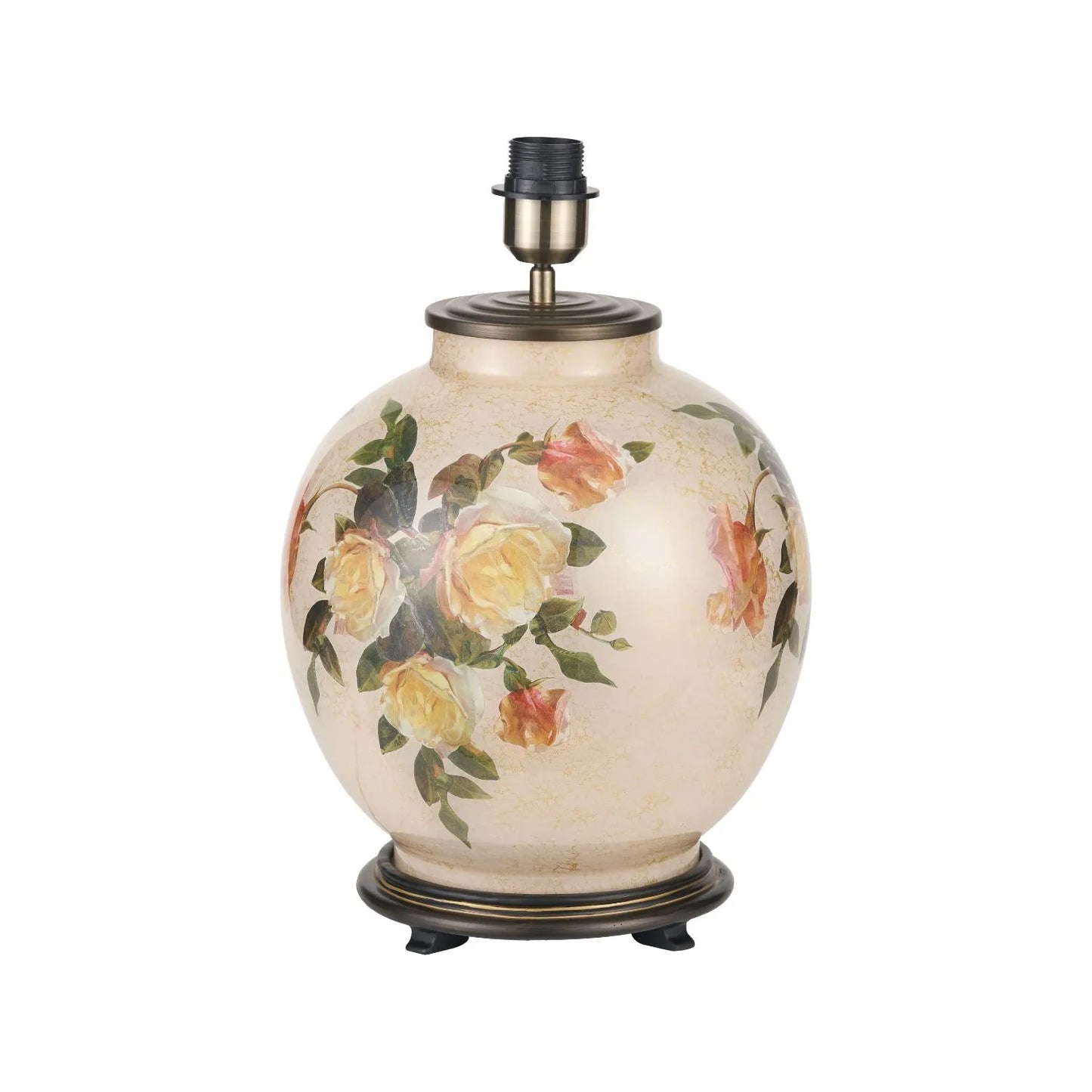 Jenny Worrall Apricot Peach & Yellow Rose & Foliage Cream Stone & Gold Glass Table Lamp Base with Bulbous Shape & Antique Brass Feet – Handcrafted Luxury Floral Lighting 42x28x28cm | Click Style