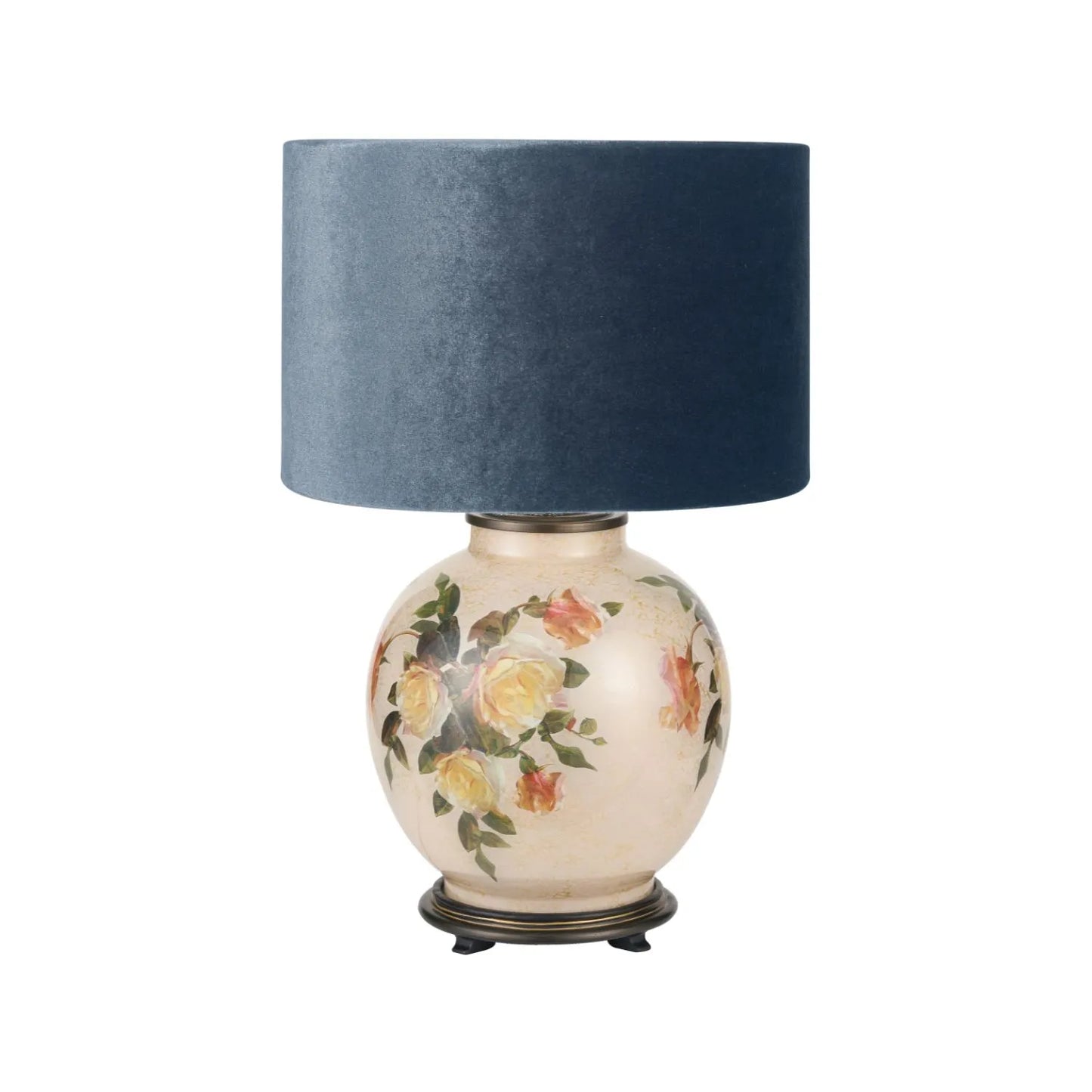 Jenny Worrall Apricot Peach & Yellow Rose & Foliage Cream Stone & Gold Glass Table Lamp Base with Bulbous Shape & Antique Brass Feet – Handcrafted Luxury Floral Lighting 42x28x28cm | Click Style