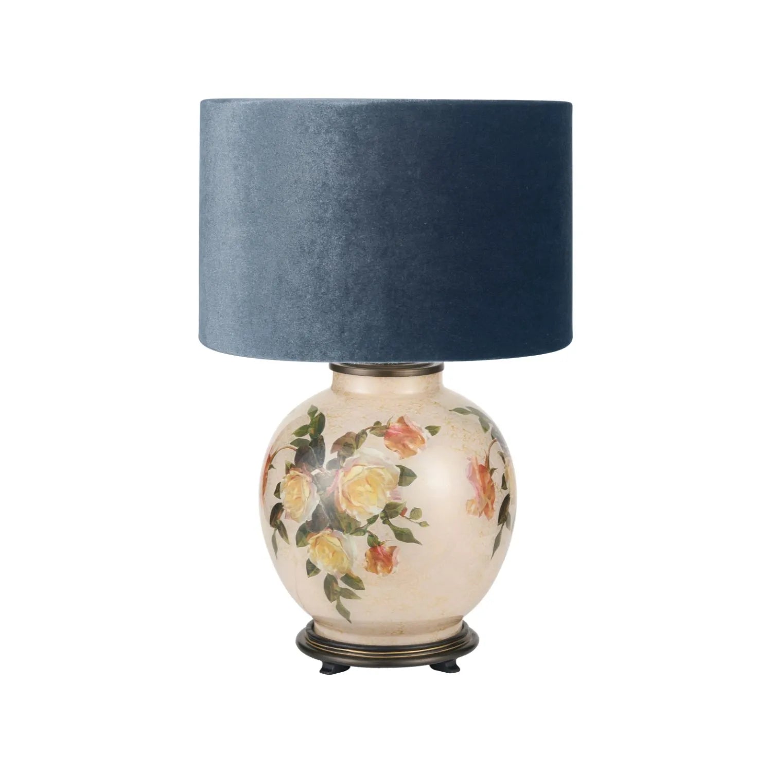 Jenny Worrall Apricot Peach & Yellow Rose & Foliage Cream Stone & Gold Glass Table Lamp Base with Bulbous Shape & Antique Brass Feet – Handcrafted Luxury Floral Lighting 42x28x28cm | Click Style