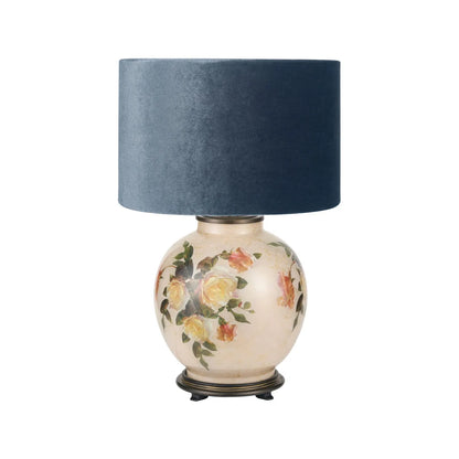 Jenny Worrall Apricot Peach & Yellow Rose & Foliage Cream Stone & Gold Glass Table Lamp Base with Bulbous Shape & Antique Brass Feet – Handcrafted Luxury Floral Lighting 42x28x28cm | Click Style