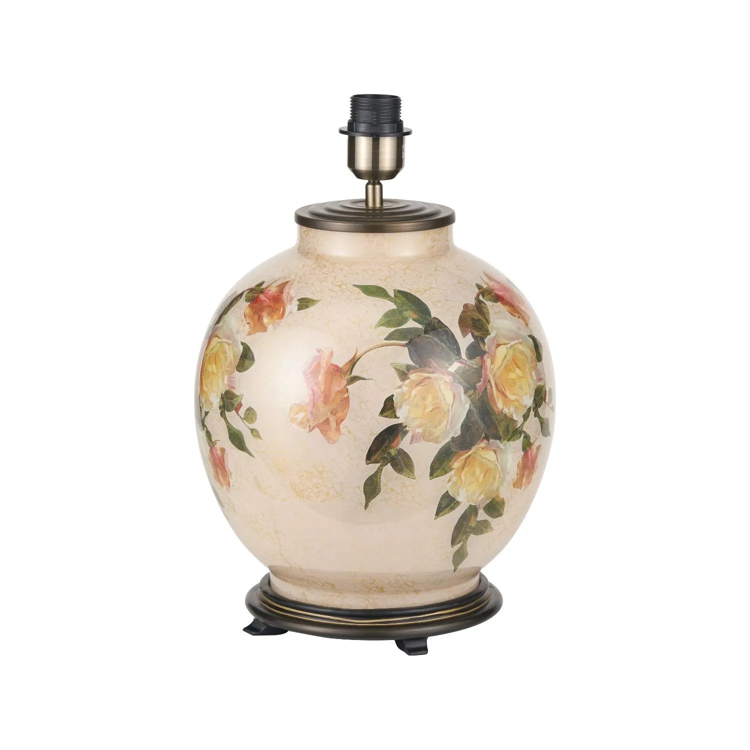 Jenny Worrall Apricot Peach & Yellow Rose & Foliage Cream Stone & Gold Glass Table Lamp Base with Bulbous Shape & Antique Brass Feet – Handcrafted Luxury Floral Lighting 42x28x28cm | Click Style
