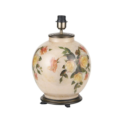 Jenny Worrall Apricot Peach & Yellow Rose & Foliage Cream Stone & Gold Glass Table Lamp Base with Bulbous Shape & Antique Brass Feet – Handcrafted Luxury Floral Lighting 42x28x28cm | Click Style