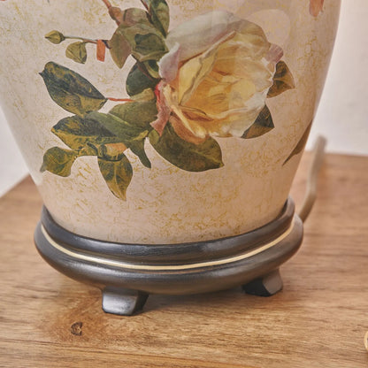 Jenny Worrall Apricot Peach & Yellow Rose & Foliage Cream & Gold Glass Table Lamp Base with Bulbous Shape & Antique Brass Feet – Handcrafted Luxury Floral Lighting 30x16x16cm | Click Style