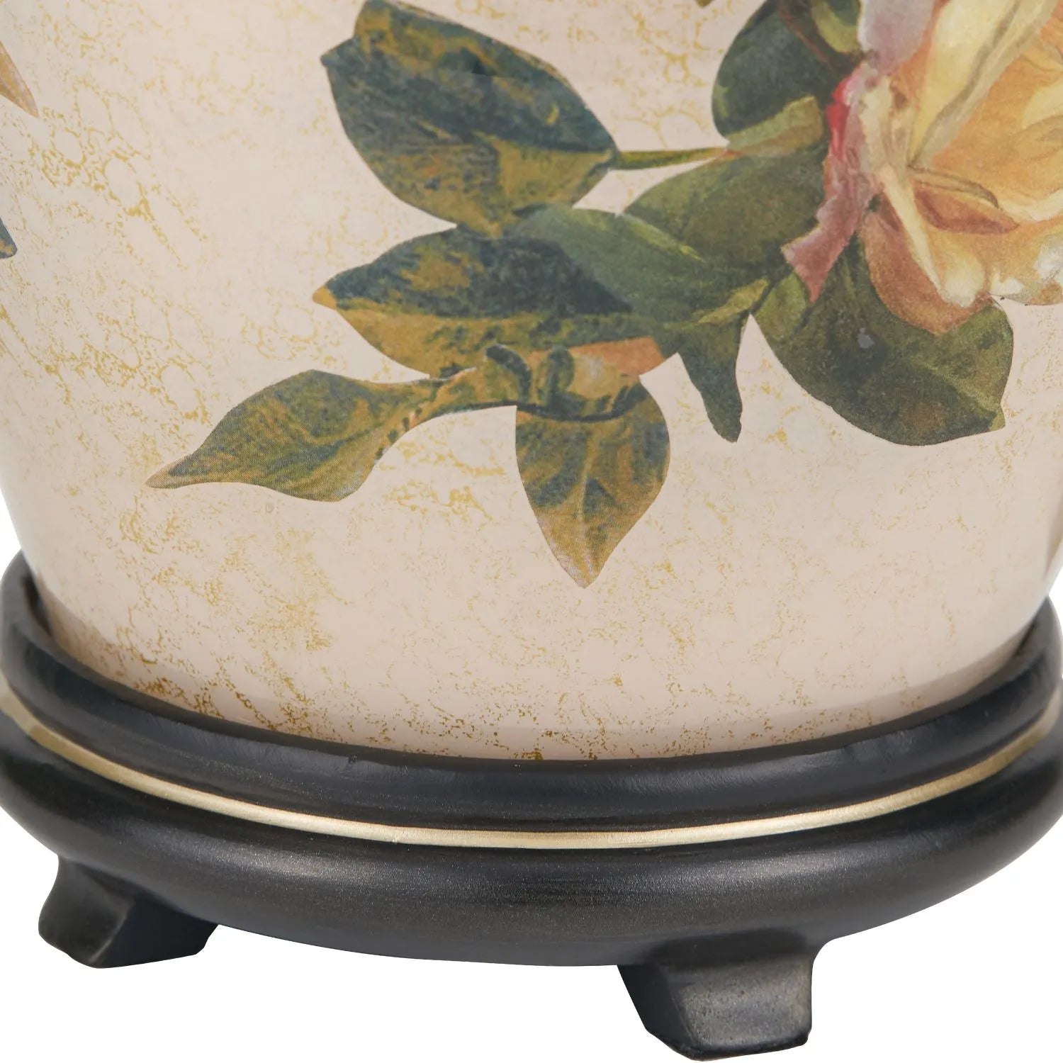 Jenny Worrall Apricot Peach & Yellow Rose & Foliage Cream & Gold Glass Table Lamp Base with Bulbous Shape & Antique Brass Feet – Handcrafted Luxury Floral Lighting 30x16x16cm | Click Style