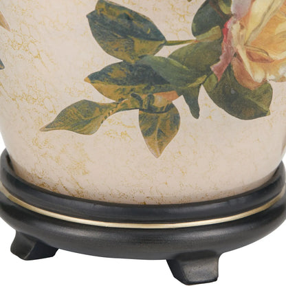 Jenny Worrall Apricot Peach & Yellow Rose & Foliage Cream & Gold Glass Table Lamp Base with Bulbous Shape & Antique Brass Feet – Handcrafted Luxury Floral Lighting 30x16x16cm | Click Style