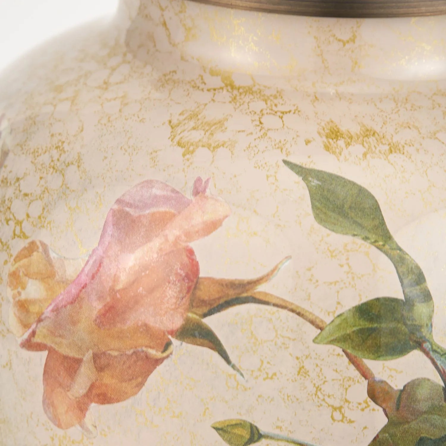 Jenny Worrall Apricot Peach & Yellow Rose & Foliage Cream & Gold Glass Table Lamp Base with Bulbous Shape & Antique Brass Feet – Handcrafted Luxury Floral Lighting 30x16x16cm | Click Style