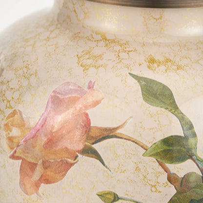 Jenny Worrall Apricot Peach & Yellow Rose & Foliage Cream & Gold Glass Table Lamp Base with Bulbous Shape & Antique Brass Feet – Handcrafted Luxury Floral Lighting 30x16x16cm | Click Style