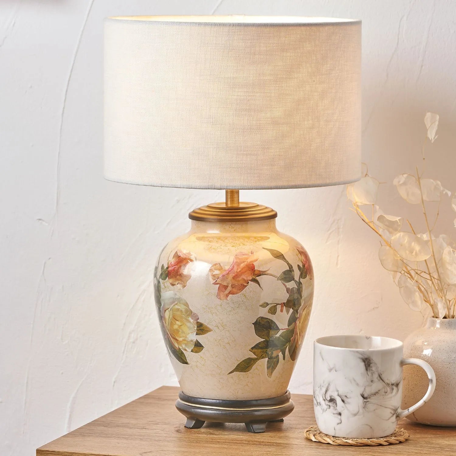 Jenny Worrall Apricot Peach & Yellow Rose & Foliage Cream & Gold Glass Table Lamp Base with Bulbous Shape & Antique Brass Feet – Handcrafted Luxury Floral Lighting 30x16x16cm | Click Style