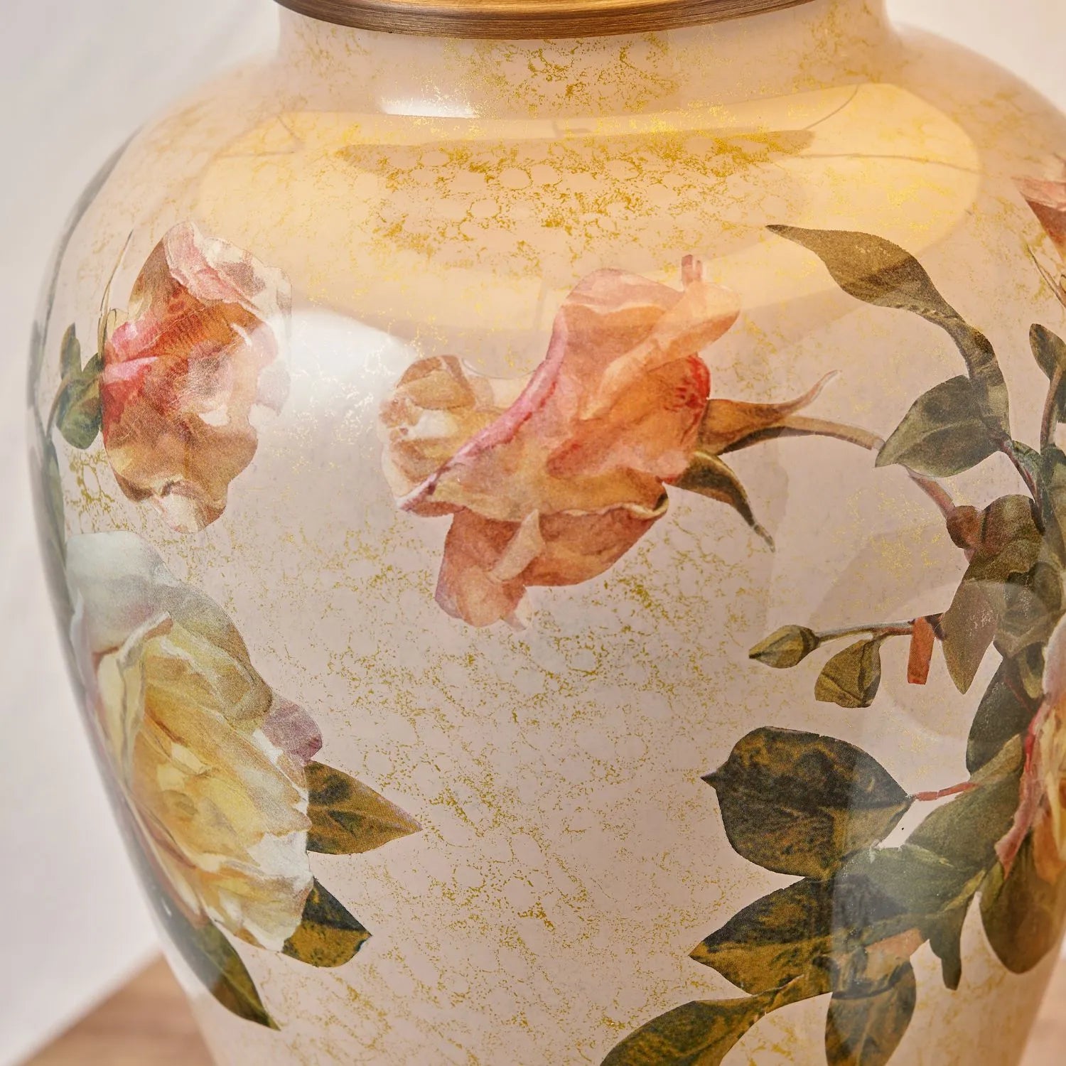 Jenny Worrall Apricot Peach & Yellow Rose & Foliage Cream & Gold Glass Table Lamp Base with Bulbous Shape & Antique Brass Feet – Handcrafted Luxury Floral Lighting 30x16x16cm | Click Style