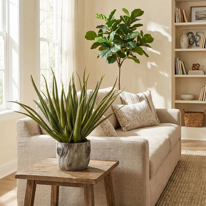 Artificial Aloe Plant in Round Bark Effect Pot – Large Realistic Faux Succulent Plant with Spiky Variegated Green Aloe Leaves in Rustic Tree Trunk Style Grey Cement Planter for Living Room, Bedroom, Bathroom, Office, Console Table, Side Table or Shelf Styling 53x35x35cm | Click Style