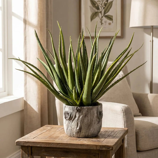 Artificial Aloe Plant in Round Bark Effect Pot – Large Realistic Faux Succulent Plant with Spiky Variegated Green Aloe Leaves in Rustic Tree Trunk Style Grey Cement Planter for Living Room, Bedroom, Bathroom, Office, Console Table, Side Table or Shelf Styling 53x35x35cm | Click Style