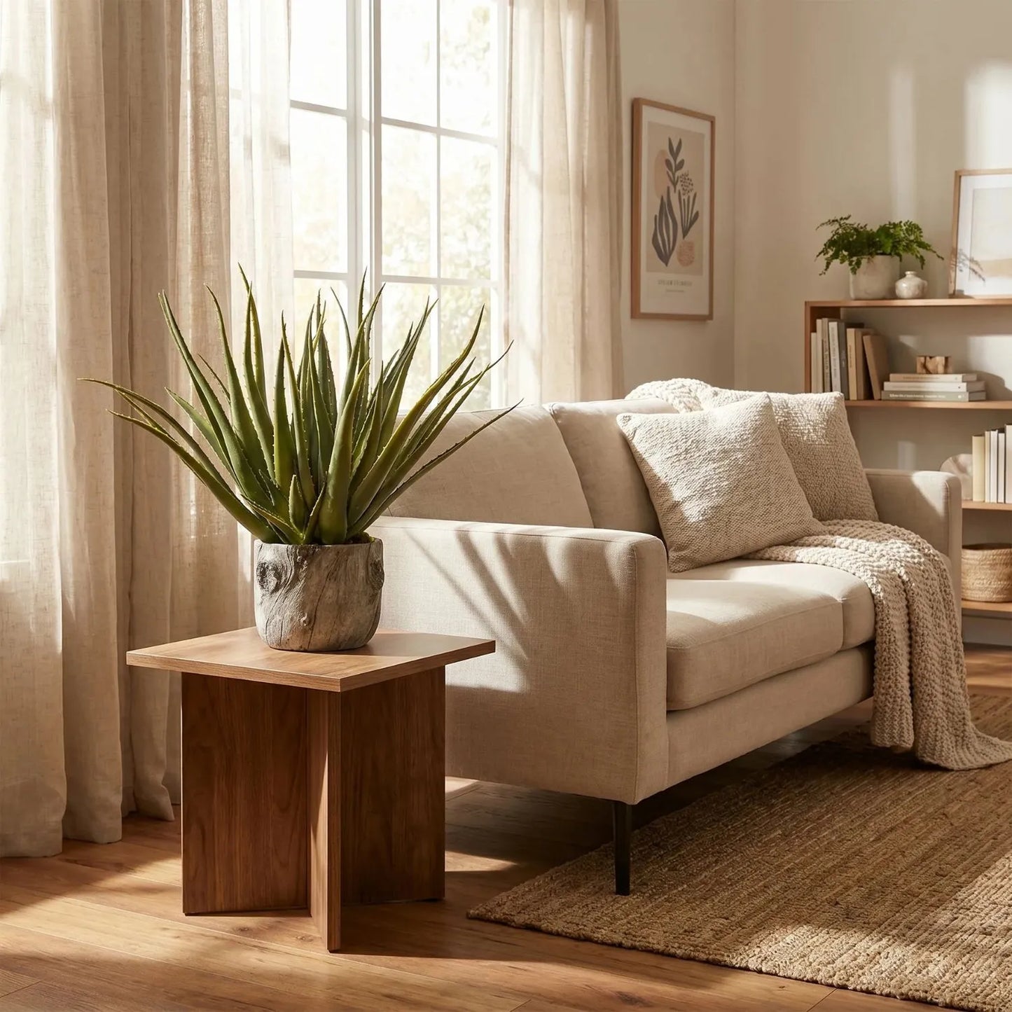 Artificial Aloe Plant in Round Bark Effect Pot – Large Realistic Faux Succulent Plant with Spiky Variegated Green Aloe Leaves in Rustic Tree Trunk Style Grey Cement Planter for Living Room, Bedroom, Bathroom, Office, Console Table, Side Table or Shelf Styling 53x35x35cm | Click Style
