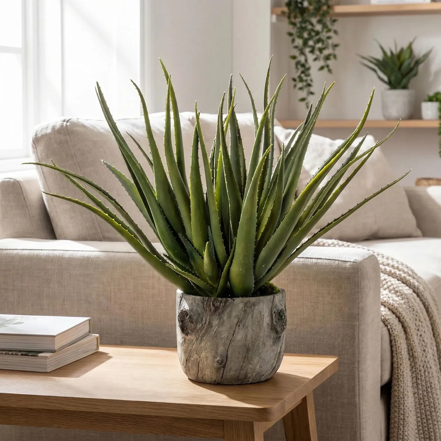 Artificial Aloe Plant in Round Bark Effect Pot – Large Realistic Faux Succulent Plant with Spiky Variegated Green Aloe Leaves in Rustic Tree Trunk Style Grey Cement Planter for Living Room, Bedroom, Bathroom, Office, Console Table, Side Table or Shelf Styling 53x35x35cm | Click Style