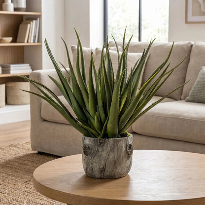 Artificial Aloe Plant in Round Bark Effect Pot – Large Realistic Faux Succulent Plant with Spiky Variegated Green Aloe Leaves in Rustic Tree Trunk Style Grey Cement Planter for Living Room, Bedroom, Bathroom, Office, Console Table, Side Table or Shelf Styling 53x35x35cm | Click Style