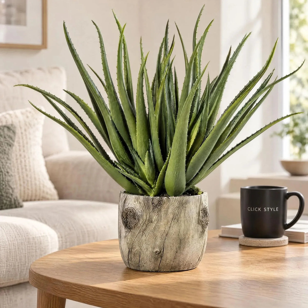 Artificial Aloe Plant with Grey & Brown Bark Effect Pot – Realistic Faux Succulent Plant 53x35x35cm – Close-Up Foliage & Bark Effect Pot Detail | Click Style