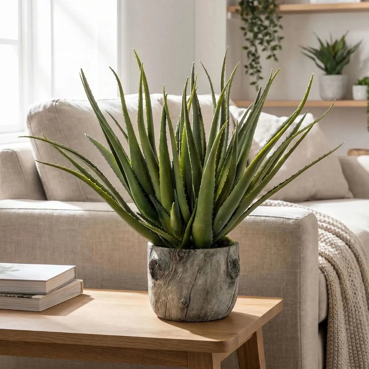 Artificial Aloe Plant with Grey & Brown Bark Effect Pot – Realistic Faux Succulent Plant 53x35x35cm – Living Room Coffee Table Styling | Click Style