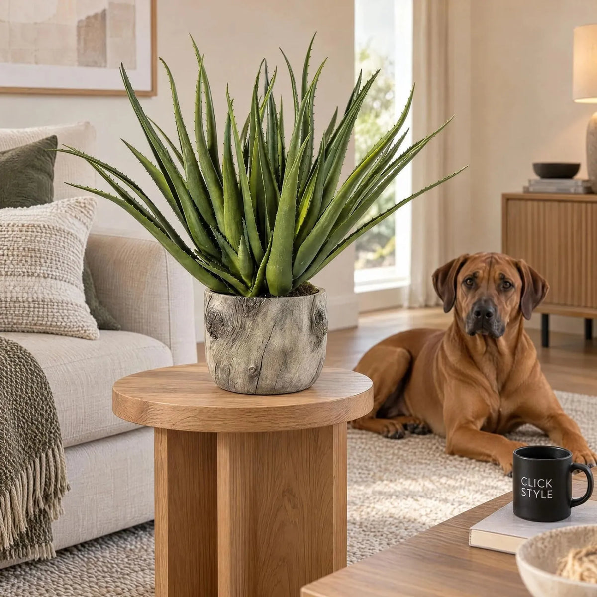 Artificial Aloe Plant with Grey & Brown Bark Effect Pot – Realistic Faux Succulent Plant 53x35x35cm – Living Room Styling with Rhodesian Ridgeback | Click Style
