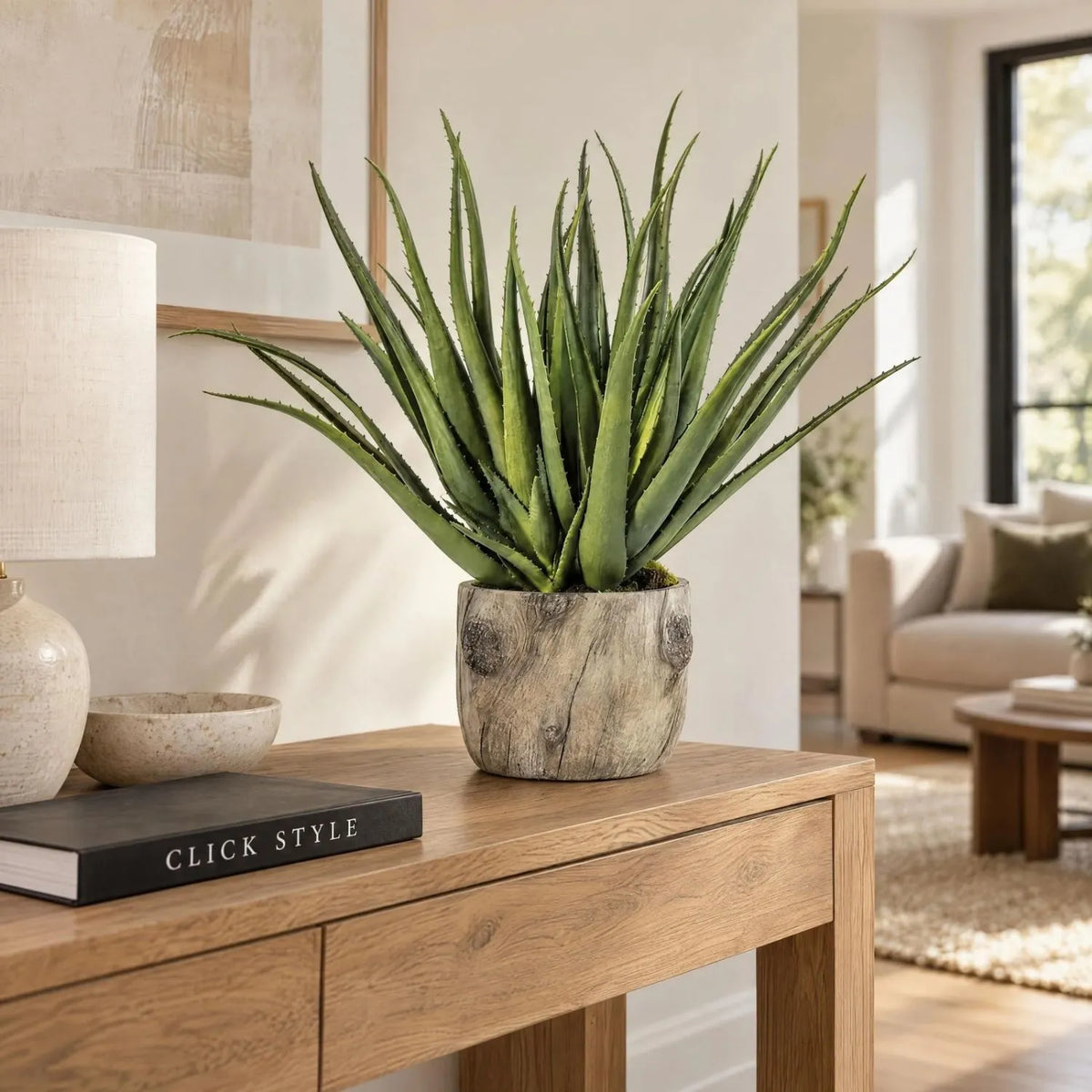Artificial Aloe Plant with Grey & Brown Bark Effect Pot – Realistic Faux Succulent Plant 53x35x35cm – Styled on Natural Oak Console Table | Click Style