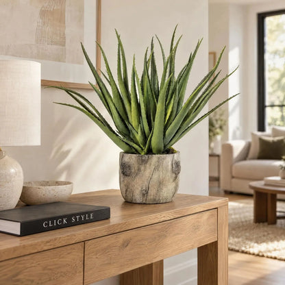 Artificial Aloe Plant with Grey & Brown Bark Effect Pot – Realistic Faux Succulent Plant 53x35x35cm – Styled on Natural Oak Console Table | Click Style
