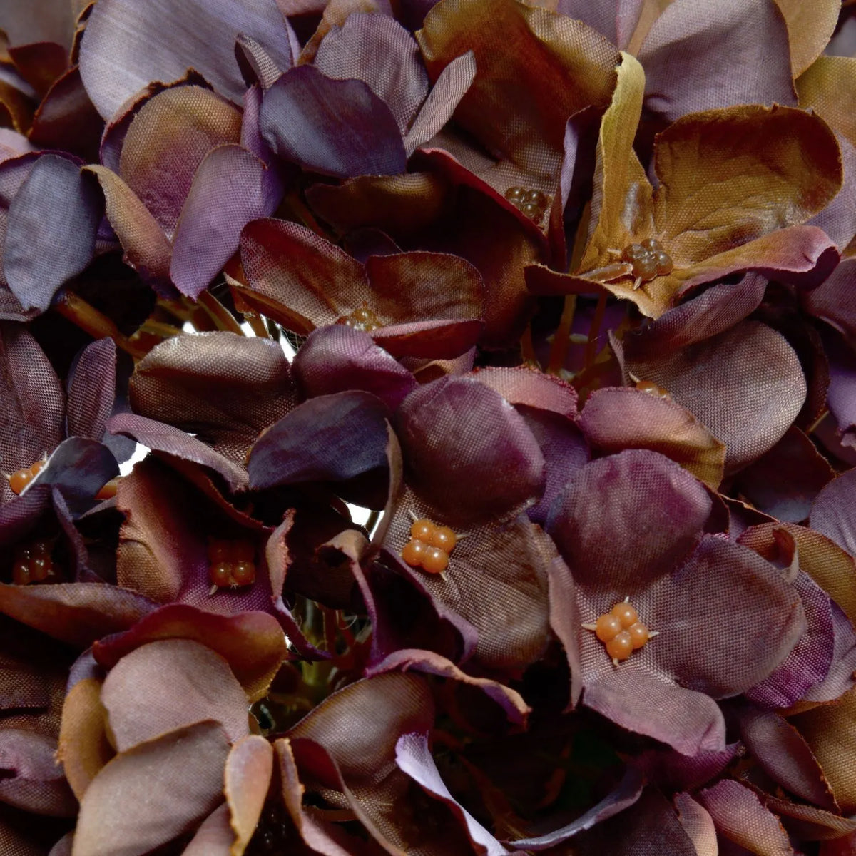 Artificial Antique Mauve & Copper Hydrangea Stem with Burgundy Petals & Realistic Green Leaves – Lifelike Faux Brown Hydrangea Flower 42x18x18cm – Extreme Close-Up of Burgundy and Mauve Faux Hydrangea Petals with Small Amber Flower Centres | Click Style