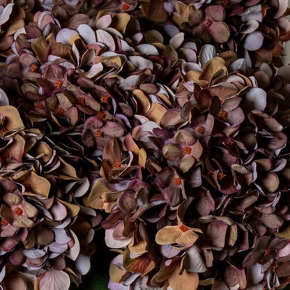 Artificial Antique Mauve & Copper Hydrangea Stem with Burgundy Petals & Realistic Green Leaves – Lifelike Faux Brown Hydrangea Flower 42x18x18cm – Macro Detail of Layered Faux Hydrangea Petals in Mauve Burgundy and Copper Tones | Click Style