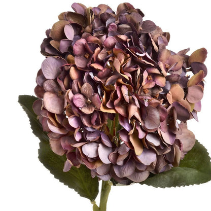Artificial Antique Mauve & Copper Hydrangea Stem with Burgundy Petals & Realistic Green Leaves – Lifelike Faux Brown Hydrangea Flower 42x18x18cm – Detailed View of Antique Mauve Copper and Burgundy Hydrangea Petals | Click Style