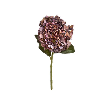 Artificial Antique Mauve & Copper Hydrangea Stem with Burgundy Petals & Realistic Green Leaves – Lifelike Faux Brown Hydrangea Flower 42x18x18cm – Full Length Single Artificial Hydrangea Stem on White Background | Click Style