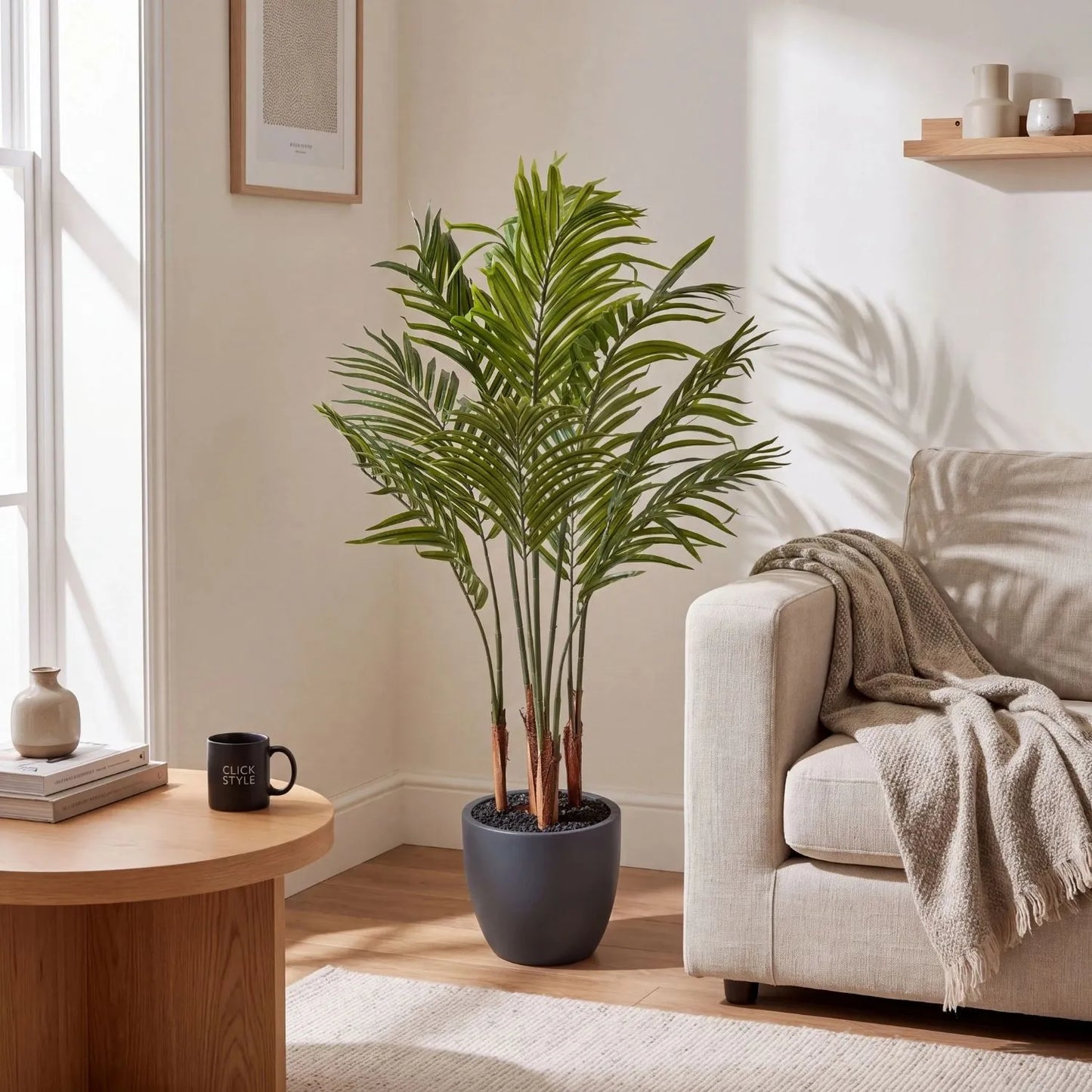 Artificial Areca Palm Plant with Dark Grey Pot – Tall Realistic Indoor Faux Palm 120x80x80cm styled next to a neutral sofa in a contemporary living room | Click Style
