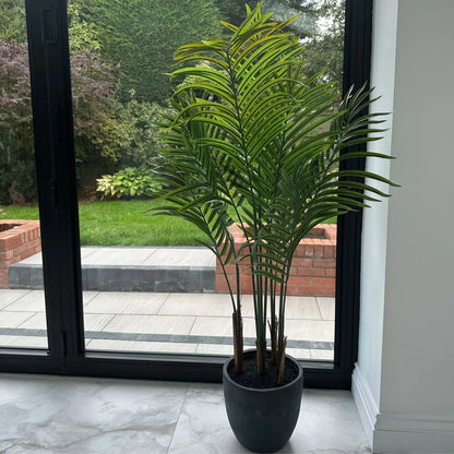 Tall Artificial Areca Palm with Dark Grey Pot Styled in Bright Customer Interior | Click Style