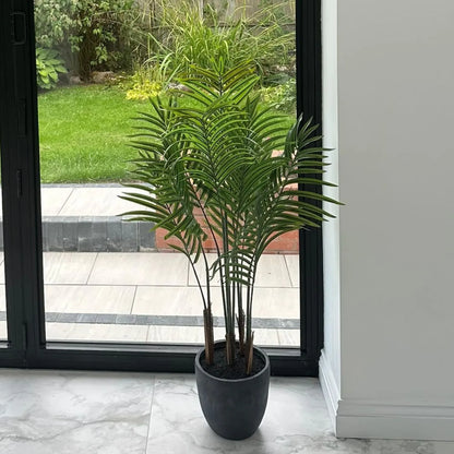Artificial Areca Palm Plant with Dark Grey Pot Styled Beside Window in Customer Home | Click Style