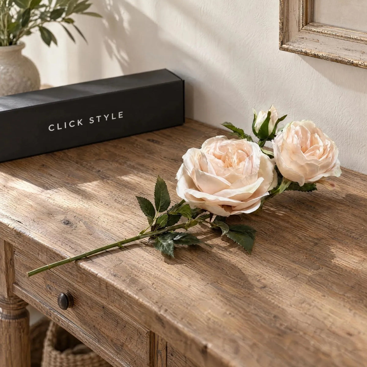 Artificial Blush Ivory Charity Rose Stem with Open Blooms & Rosebud – Lifelike Blush Ivory Faux Rose Flowers with Realistic Green Foliage 58cm – Single Complete Stem with Click Style Parcel Box | Click Style