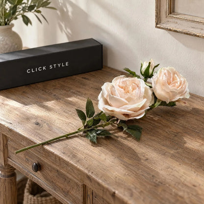 Artificial Blush Ivory Charity Rose Stem with Open Blooms & Rosebud – Lifelike Blush Ivory Faux Rose Flowers with Realistic Green Foliage 58cm – Single Complete Stem with Click Style Parcel Box | Click Style