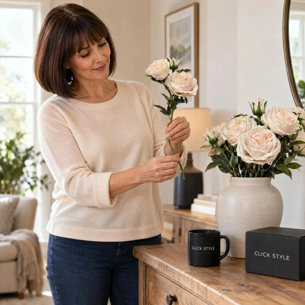 Artificial Blush Ivory Charity Rose Stem with Open Blooms & Rosebud – Lifelike Blush Ivory Faux Rose Flowers with Realistic Green Foliage 58cm – Woman Styling Flexible Rose Stem in Ceramic Vase with Click Style Branding | Click Style