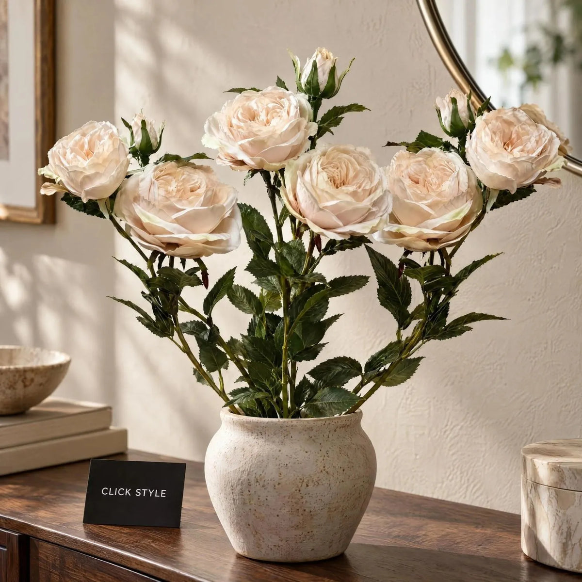 Artificial Blush Ivory Charity Rose Stem with Open Blooms & Rosebud – Lifelike Blush Ivory Faux Rose Flowers with Realistic Green Foliage 58cm – Three Stem Arrangement with Open Blooms Rosebuds & Serrated Green Foliage | Click Style