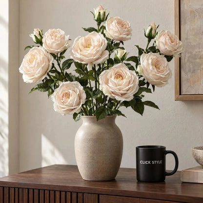 Artificial Blush Ivory Charity Rose Stem with Open Blooms & Rosebud – Lifelike Blush Ivory Faux Rose Flowers with Realistic Green Foliage 58cm – Multi-Stem Arrangement in Stone Ceramic Vase with Click Style Mug | Click Style