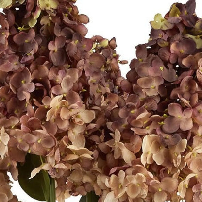 Artificial Burgundy & Peach Long Stem Spear Hydrangea with Realistic Green Leaves – Tall Faux Hydrangea Flower 88cm – Macro Close-Up of Delicate Burgundy Russet & Peach Hydrangea Petals with Small Yellow-Green Flower Centres | Click Style