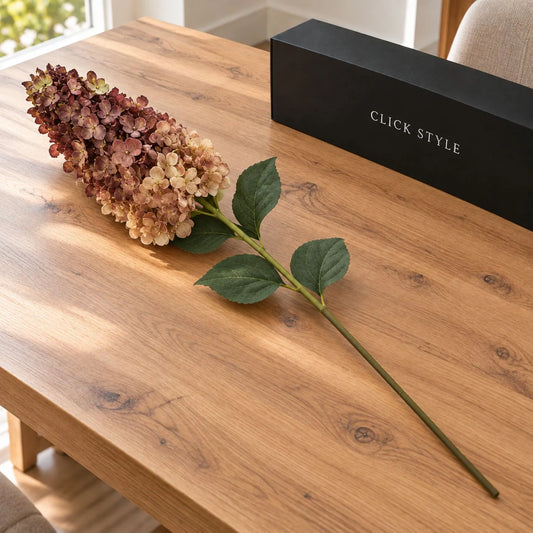 Artificial Burgundy & Peach Long Stem Spear Hydrangea with Realistic Green Leaves – Tall Faux Hydrangea Flower 88cm displayed diagonally on a natural oak table beside a black CLICK STYLE presentation box | Click Style