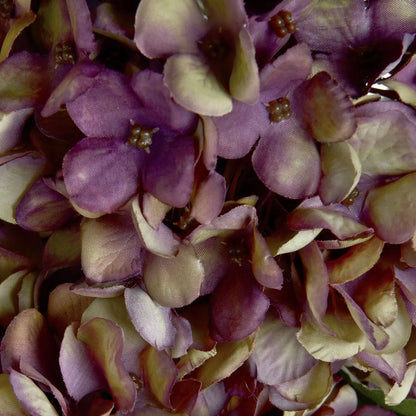 Artificial Burgundy & Plum Hydrangea Stem with Realistic Green Leaves – Lifelike Faux Purple Hydrangea Flower 42x18x18cm – Extreme Close-Up Showing Fabric Petal Texture, Plum Purple Colouring and Realistic Flower Centres | Click Style