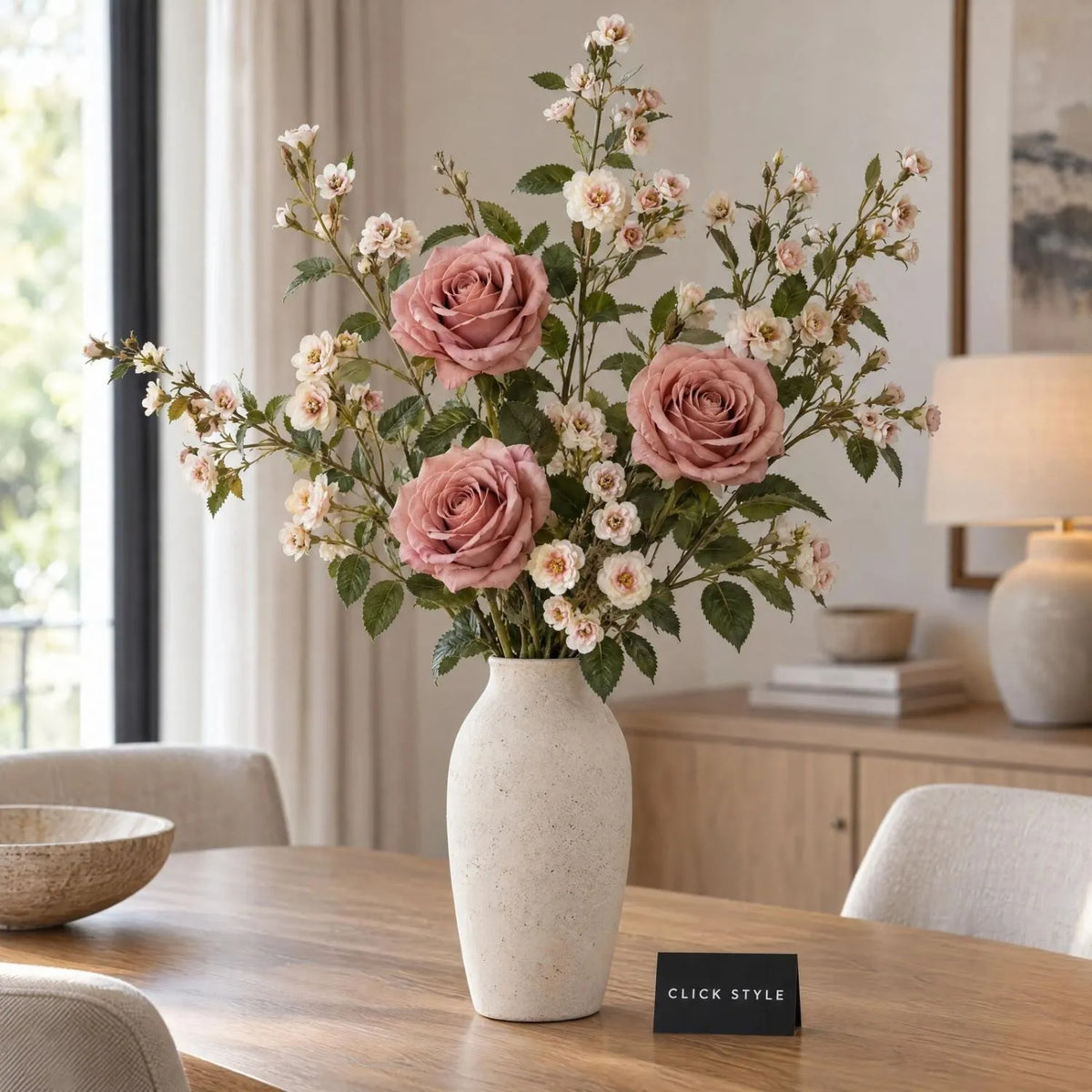 Artificial Cream & Pale Blush Wild Meadow Rose Spray with Long Stem Multiple Blooms & Rosebuds – Lifelike Pink Faux Rose Flowers with Realistic Green Foliage 74cm – Mixed Floral Arrangement with Blush Rose Blooms | Click Style