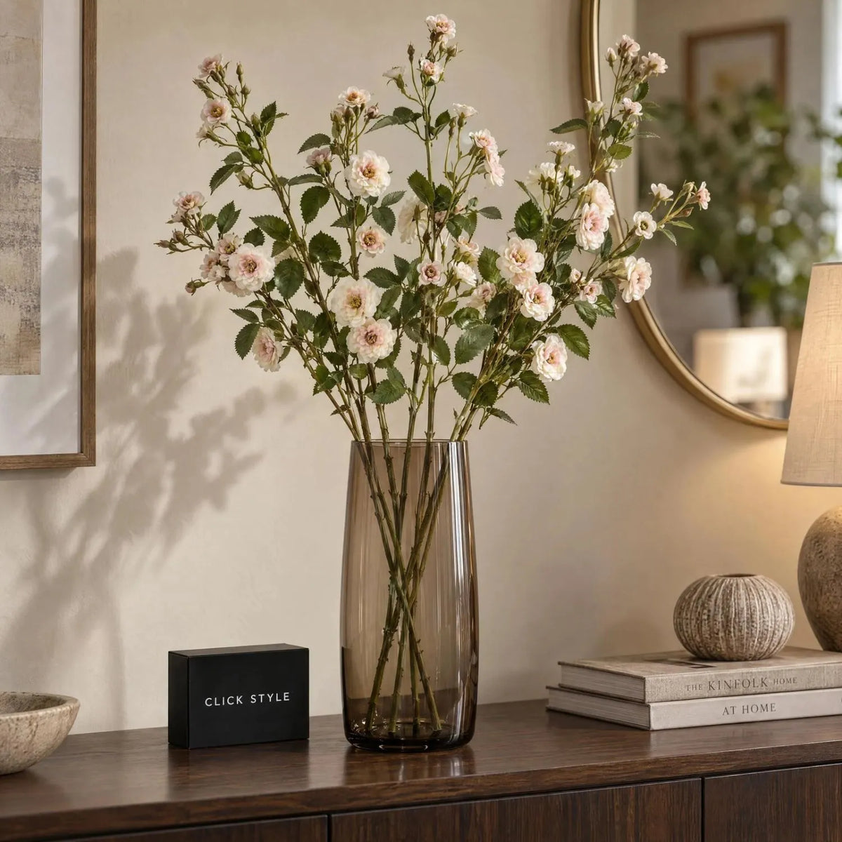 Artificial Cream & Pale Blush Wild Meadow Rose Spray with Long Stem Multiple Blooms & Rosebuds – Lifelike Pink Faux Rose Flowers with Realistic Green Foliage 74cm – Multi-Stem Arrangement in Smoked Glass Vase | Click Style