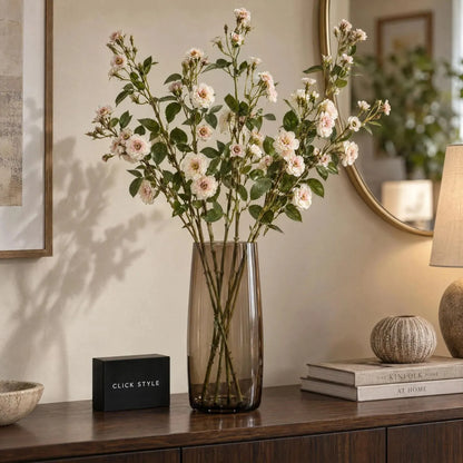 Artificial Cream & Pale Blush Wild Meadow Rose Spray with Long Stem Multiple Blooms & Rosebuds – Lifelike Pink Faux Rose Flowers with Realistic Green Foliage 74cm – Multi-Stem Arrangement in Smoked Glass Vase | Click Style
