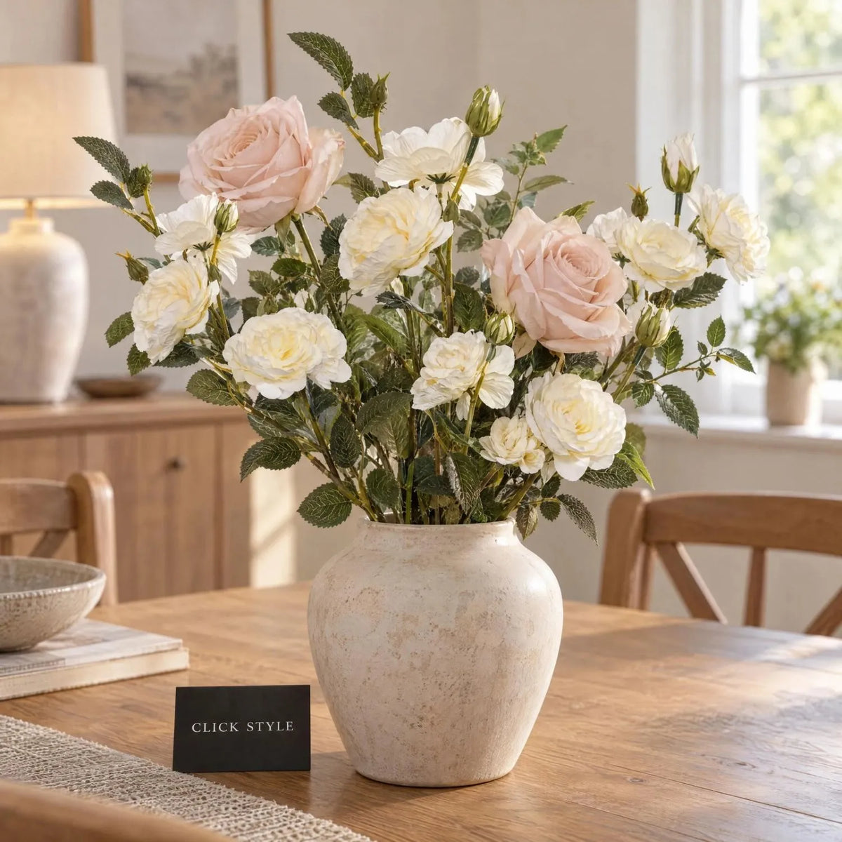 Artificial Creamy White Cottage Rose Stem with Multiple Blooms & Rosebuds – Lifelike Ivory Faux Rose Flowers with Realistic Green Foliage 53cm – Mixed Floral Arrangement with Pale Blush Roses | Click Style