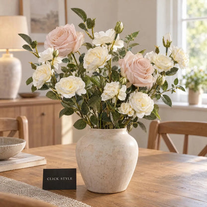 Artificial Creamy White Cottage Rose Stem with Multiple Blooms & Rosebuds – Lifelike Ivory Faux Rose Flowers with Realistic Green Foliage 53cm – Mixed Floral Arrangement with Pale Blush Roses | Click Style