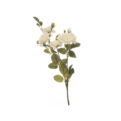 Artificial Creamy White Cottage Rose Stem with Multiple Blooms & Rosebuds – Lifelike Ivory Faux Rose Flowers with Realistic Green Foliage 53cm – Full Stem View | Click Style