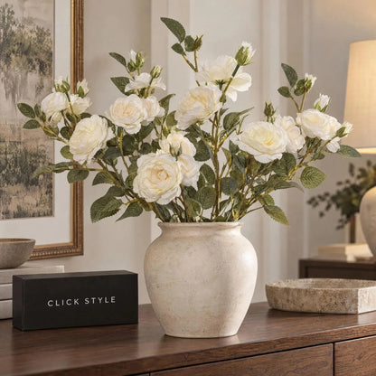 Artificial Creamy White Cottage Rose Stem with Multiple Blooms & Rosebuds – Lifelike Ivory Faux Rose Flowers with Realistic Green Foliage 53cm – Multi-Stem Arrangement in Neutral Ceramic Vase | Click Style
