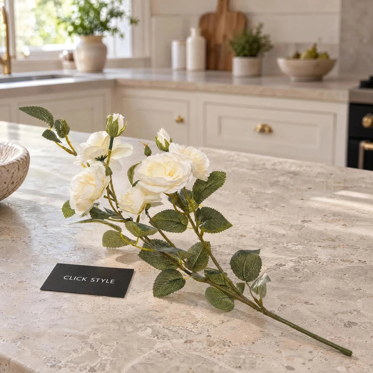 Artificial Creamy White Cottage Rose Stem with Multiple Blooms & Rosebuds – Lifelike Ivory Faux Rose Flowers with Realistic Green Foliage 53cm – Single Complete Stem Styled on Stone Kitchen Island | Click Style