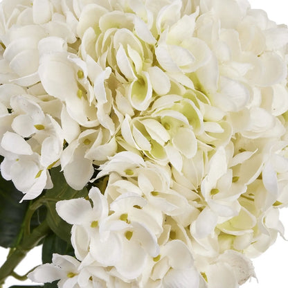 Artificial Creamy White Hydrangea Stem with Full Rounded Bloom & Realistic Green Foliage – Lifelike Faux White Hydrangea Flower 58cm – Detailed view of densely clustered white florets with subtle cream centres and realistic dark green foliage | Click Style