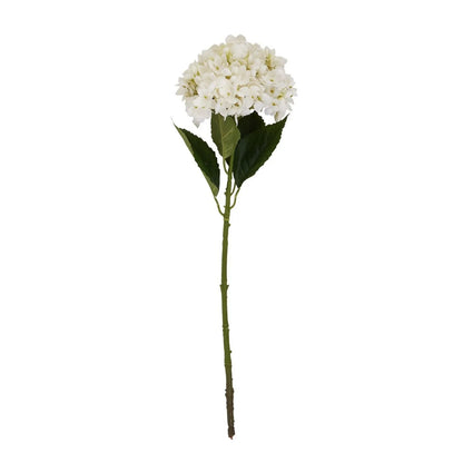 Artificial Creamy White Hydrangea Stem with Full Rounded Bloom & Realistic Green Foliage – Lifelike Faux White Hydrangea Flower 58cm – Full-length single stem showing rounded flower head, green leaves and natural-looking stem | Click Style