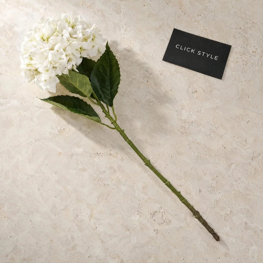 Artificial Creamy White Hydrangea Stem with Full Rounded Bloom & Realistic Green Foliage – Lifelike Faux White Hydrangea Flower 58cm – Single Stem Displayed on Ivory Limestone with CLICK STYLE Branding | Click Style